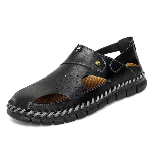 Men’s Genuine Leather Flat Sandals Lightweight Breathable Quick-Drying Outdoor Fashion Shoes Slip-On Convenience