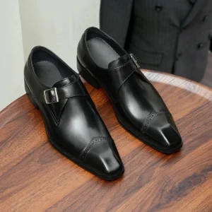 Men’s Genuine Leather Formal Shoes British Carved Business Casual Wedding Groom High Top Square Toe Buckle Strap Autumn