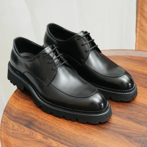 Men’s Genuine Leather Lace Up Derby Shoes Pointed Toe Thick Soled Rubber Outsole Height Increasing Wedding Groom Business Formal