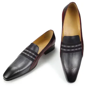 Men’s Genuine Leather Loafers Gray & Red Slip On Dress Shoes for Business & Parties