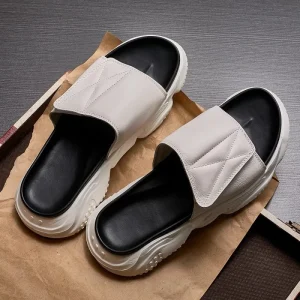 Men’s Genuine Leather One Strap Slides Trendy Casual Thick Rubber Midsole TPR Outsole Summer Outdoor Sandals Breathable