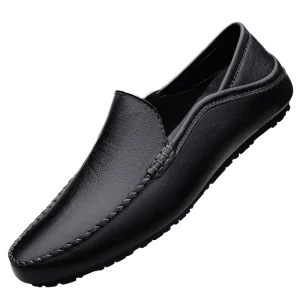 Men’s Genuine Leather Open Shoes Half Loafers Slip On Fashionable Simple Style for Spring Summer Black Rubber Walking Style