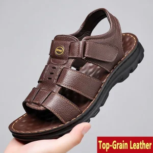 Men’s Genuine Leather Sandals Summer Cowhide Beach Shoes New Non slip Two way Slippers for Driving Outdoor Casual Wear