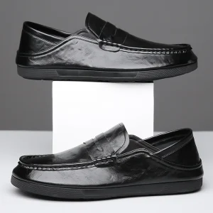 Men’s Genuine Leather Slip On for Driving Shoes Soft Sole Waterproof Non Slip Durable Plaid Pattern Comfortable Business Style