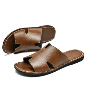 Men’s Genuine Leather Slippers Open Toe Summer Indoor Outdoor Casual Slide Sandals Soft Comfortable Custom Logo