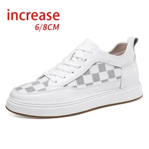 Men’s Genuine Leather Sneakers Summer Mesh Lining Invisible Breathable Heightening Shoes 6/8cm Casual Fashion White Sneakers
