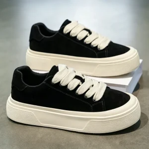Men’s Genuine Leather Thick Sole Sneakers Black Retro Streetwear Casual Platform Shoes with Height