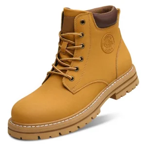 Men’s Genuine Leather Upper Ankle & Bootie Lace-Up Boots Anti-Slip Breathable Rubber Outsole PU Midsole Round Toe Yellow