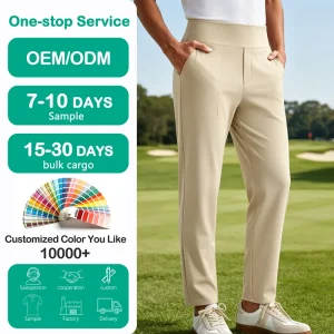 Mens Golf Pants Khaki High Waist Wide Waistband Stretch Comfort Straight Ankle Golf Trousers
