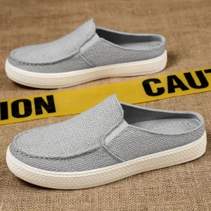 Men’s Gray Woven Fabric Mules Slip-On Design White Textured Sole Lightweight Comfortable Casual Daily Wear Shoes