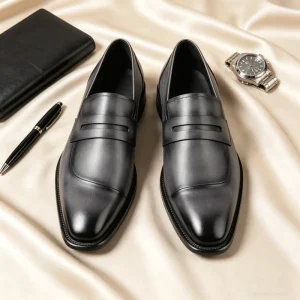 Men’s Grey Burnished Penny Loafers, Handmade Formal Shoes for Men, Slip-On Business Casual Shoes