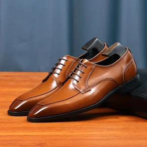 Men’s Handmade Genuine Leather Business Dress Formal Derby Pointed Toe Shiny Open Edge Beaded British Style Groom Wedding Shoes