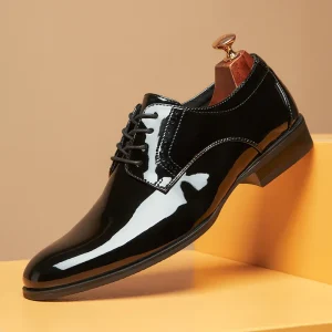 Men’s Height Increasing Patent Leather Oxford British Style Shoes Bright Finish Three-Joint Business Wedding Shoes for Autumn