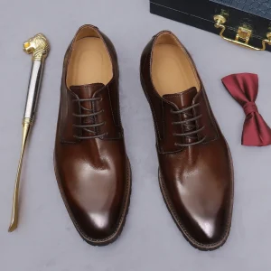 Men’s High Quality Genuine Leather Slip On Derby Shoes Formal Business Style Pointed Toe Soft Autumn Dress Shoes Oxfords