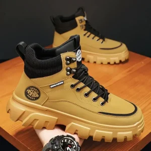 Men’s High Top British Work Boots Trendy Mid Angle Casual Shoes Genuine Leather Upper for Fall Winter Ankle Height Snow PU