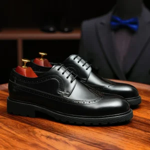 Men’s High Top Brogue Derby Shoes Genuine Leather British Carved Thick Sole Glossy Finish Height Increasing Platform Autumn