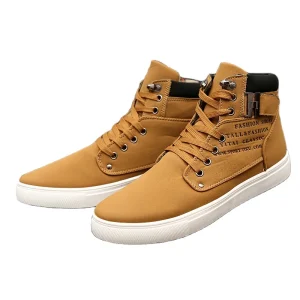 Men’s High-top Board Shoes Retro Leather Splicing Comfortable Wear-Resistant Casual Lace-up Canvas Shoes