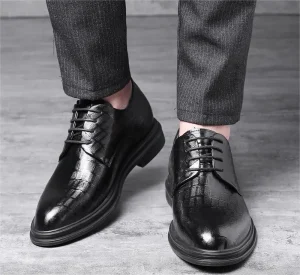 Men’s Invisible Height Increasing Elevator Shoes Black Cow Leather Lace Up Round Toe Formal Derby Oxfords 3 Inches Taller