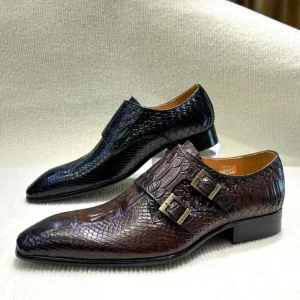Men’s Italian Genuine Leather Formal Wedding Shoes with Pattern and Button Detailing
