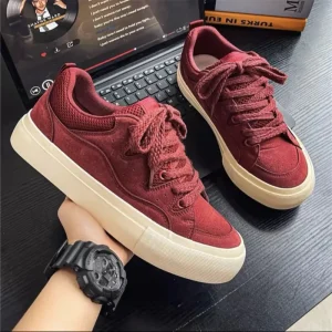 Men’s Korean-style Thick Lace-up Skate Shoes Sporty Casual Canvas Upper Rubber Outsole Waterproof