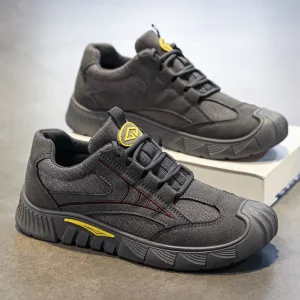 Men’s Labor Protection Shoes Anti-slip Wear-Resistant PU Leather Upper PVC Outsole Breathable Mesh Lining Lace-Up Sporty Style