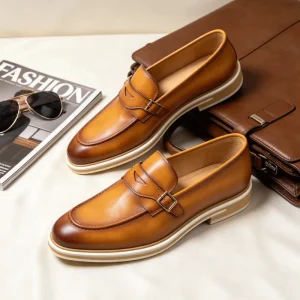 Men’s Leather Loafers Genuine Cow Leather Double Strap Casual Business Dress Shoes Premium Lightweight Leather Slip Ons for Men