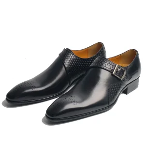 Men’s Leather Loafers Genuine Cowhide Leather Monk Strap Office Business Formal Shoes Pointed Toe Leather Casual Shoe