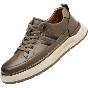 Men’s Leather Platform Sneakers Striped Lace-Up Casual Shoes with Thick Foam Sole