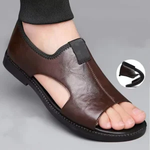 Men’s Leather Sandals Breathable Perforated Non-Slip Beach Shoes for Men Large Sizes
