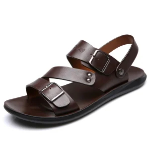 Men’s Leather Slippers Outdoor Beach Sandals Thick Sole Summer Sandals for Man