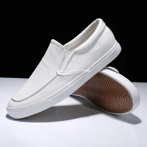 Men’s Light Low Top Flat Solid Color White Synthetic Leather Wear Resistant Lazy Slip On Summer Trendy Shoes for Students