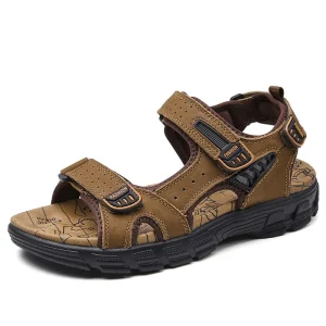 Men’s Lightweight Casual Flat Sporty Sandals Summer Beach Shoes Genuine Leather Fisherman Outdoor Sandals
