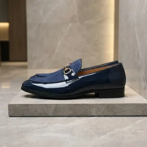 Men’s Luxury Navy Blue Patent Leather Loafers Stylish Horsebit Buckle Business Casual Dress Shoes