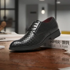 Mens Luxury PU Lace up Shoes Casual Loafers With Pointed Toe for Work Wedding Parties Office Business Plaid Oxford Bottom