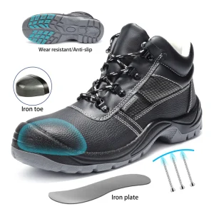 Men’s Mid Cut Iron Toe Work Shoes Anti-Smash Anti-Puncture Waterproof Oil-Resistant Safety Shoes for Factory
