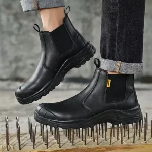 Men’s Mid-High Slip-On Safety Shoes Anti-Smash Anti-Puncture Wear Resistant Anti-Slip Rubber Sole for Handling Work