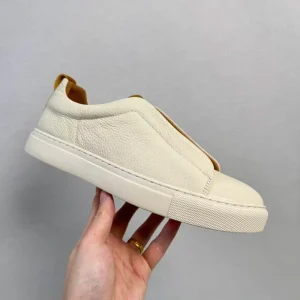 Men’s Minimalist Sneakers Cream White Genuine Leather Slip on Casual Shoes Luxury Grain Cowhide Loafers for Men