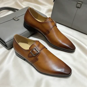 Men’s Monk Strap Shoes Genuine Leather Formal Wedding Burnished Brown Shoes for Men Design OEM ODM Available