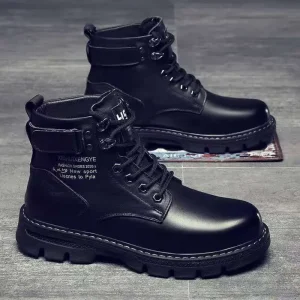 Men’s New High Top British Style Boots Black Casual PU Leather Shoes for Workwear and Motorcycle Riding for Autumn