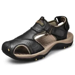 Men’s Open Toe Summer Casual Beach Sandals Genuine Leather Upper Waterproof Breathable