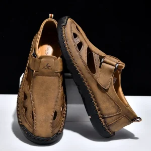 Men’s Outdoor Slip-On Shoes Spring Summer Handmade Stitching Large Size Microfiber Leather Sandals Magic Tape Casual Footwear