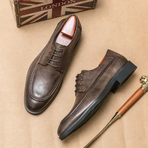 Men’s Oxford Leather Derby Shoes with Flat Toe, Rubber Insole, Waterproof Lace-Up Closure, Pointed Toe, Wedding Office Style