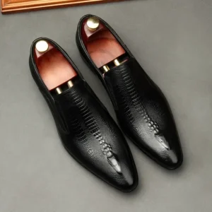 Men’s Oxford Loafers Slip On Pointed Toe Flat Genuine Leather Upper Lightweight Height Increasing Dress Shoes Office Career