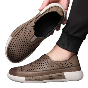 Men’s PU Leather Loafers Breathable Summer Casual Shoes Brown Slip-On Closure Comfortable Light Weight Anti-Slip for Spring