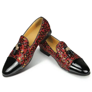 Men’s Patent Leather Sequins Pointed Toe Loafers Slip On Handmade Red Shoes Customized Spring Summer Winter Wedding Party