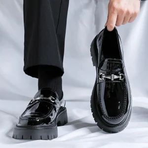 Men’s Patent Leather Shoes Round Head Platform Slip on Loafer Men’s Dress Wedding Groom Shoes