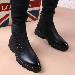 Men’s Pointed Leather Boots Korean Version Trendy Boots British Thick Soles Plush Insulation Medium Top Short Boots