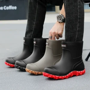 Men’s Pro Rider Low Top Moto Boots Black Red Contrast Anti Slip Gray Threaded PVC Sole Windproof Drawstring Waterproof Stay
