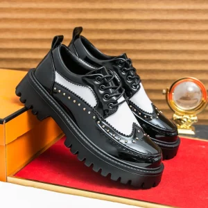 Men’s Pu Leather Casual Formal Brogue Style Youth Round Toe Thick Soled High Heels Mens Business Dress Platform Shoes