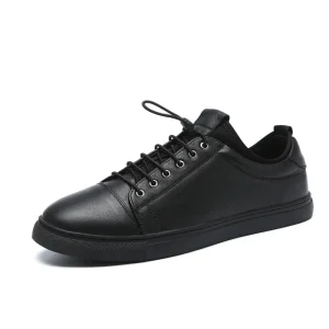Men’s Quality Premium Genuine Leather Casual Walking Sneakers All Black Real Leather Shoes with Sock Lining